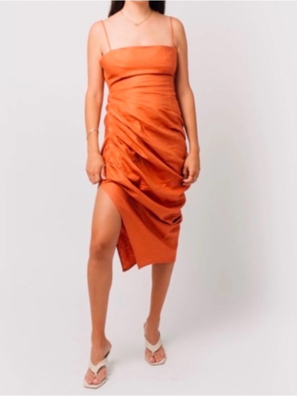 Ruched Satin Midi Dress in Burnt Orange